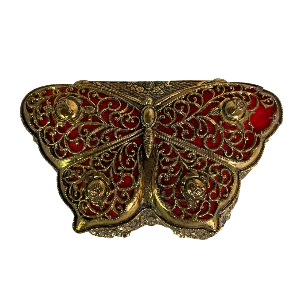 Vintage Japan Butterfly Music Box Gold Filigree Red Velvet Jewelry Trinket